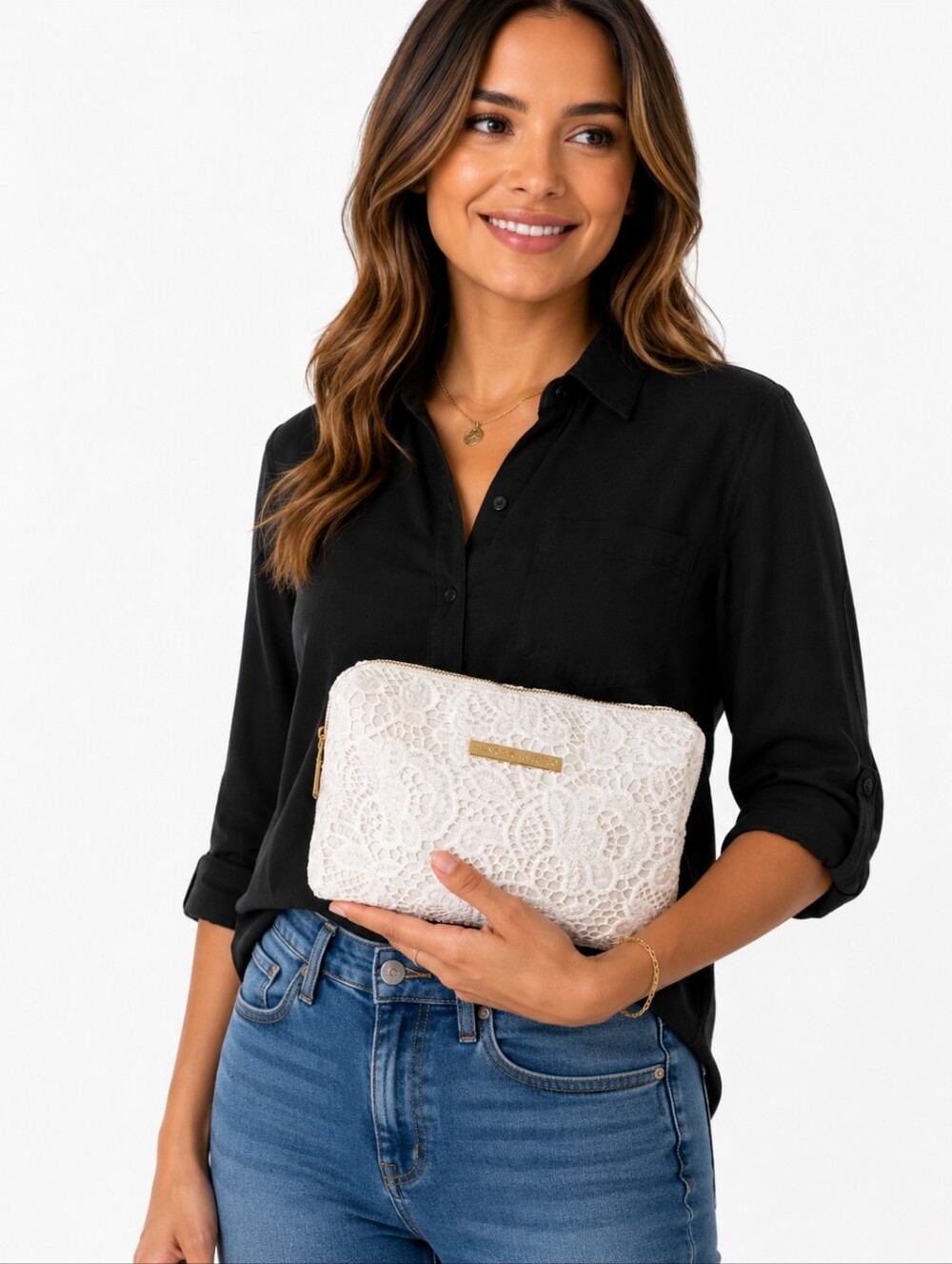 Vince Camuto White Lace Cosmetic Bag Zip Makeup Pouch Travel Case, New